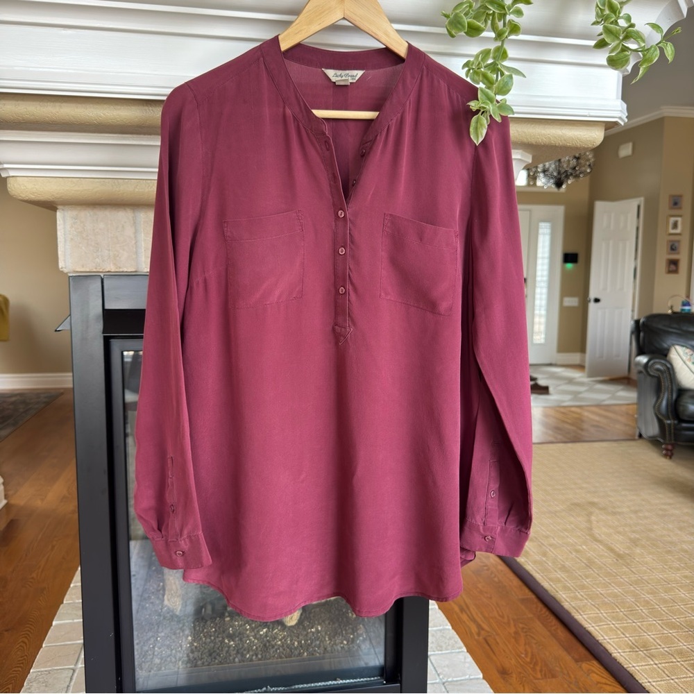 Lucky Brand Maroon Silk Tunic Top Blouse teachercore Business Professional
